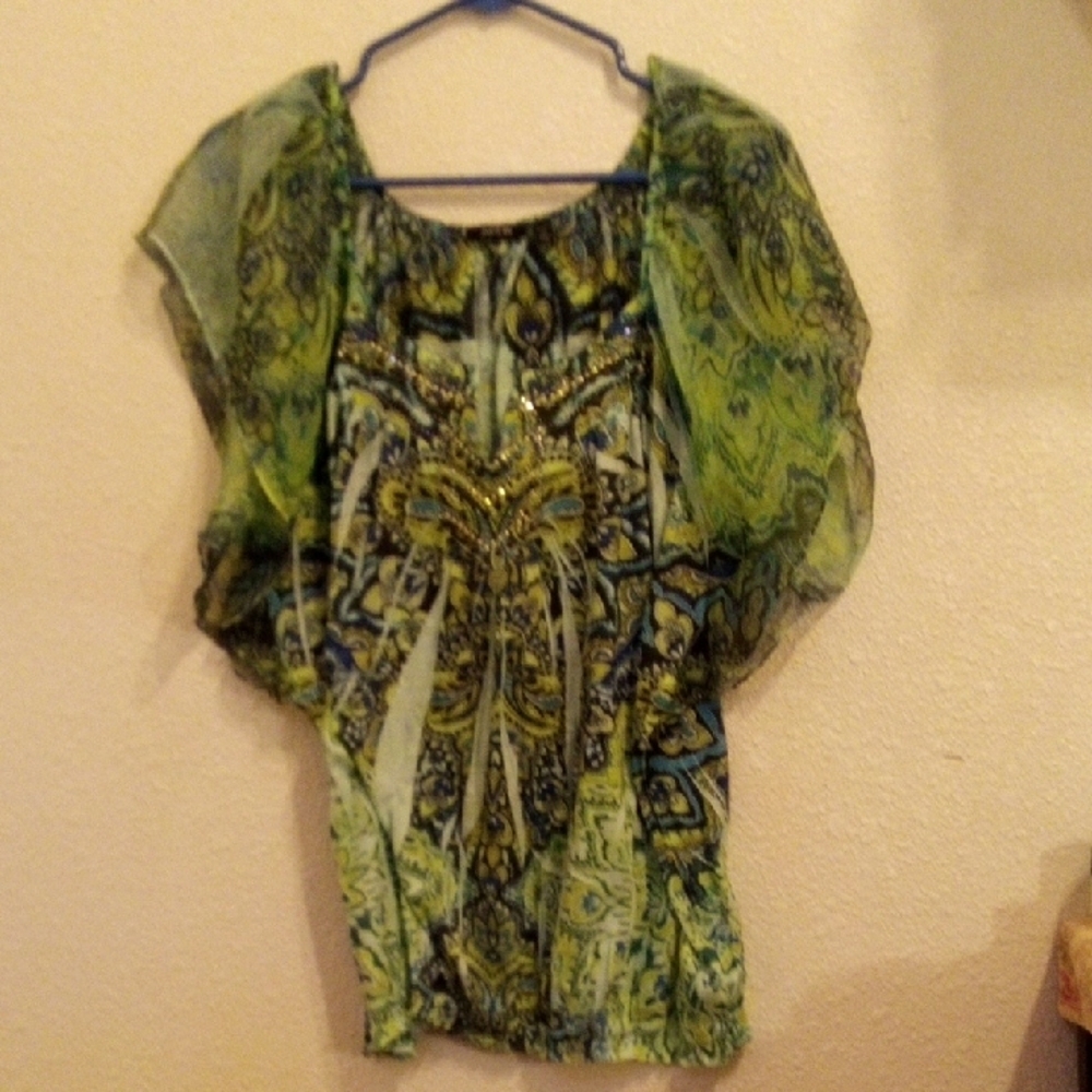 Apt. 9 Green Paisley Sequin Embellished Flutter Sleeve Blouse 2X